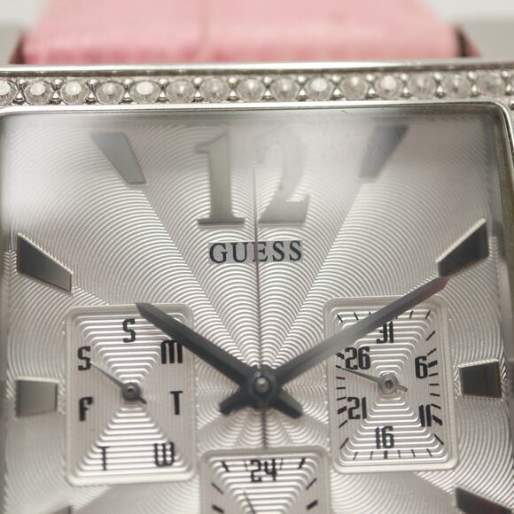 Guess X Elle Silver Tone Square Date Date 28mm Watch Y2K Gem Bezel Pink Leather - Picture 8 of 16